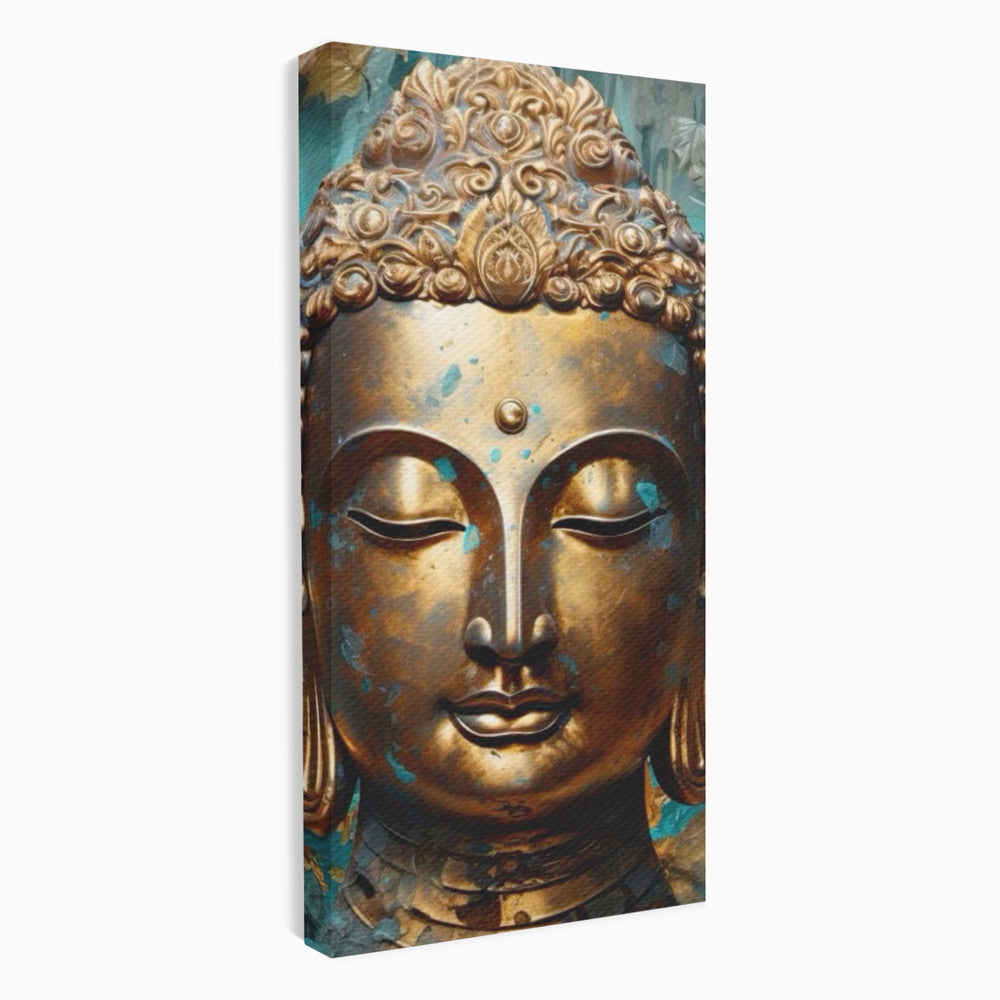 Tablou canvas cu tablou canvas cu capul lui buddha aurit, fara rama, pe sasiu de lemn